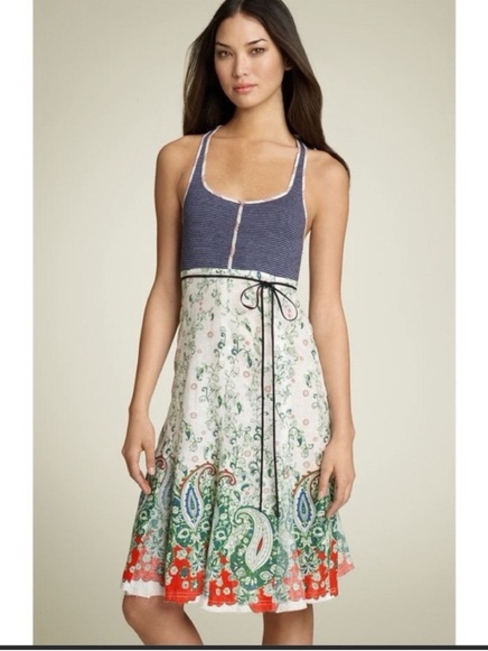 Free People Heartland Paisley Linen Cotton Dress Crochet Back size 6